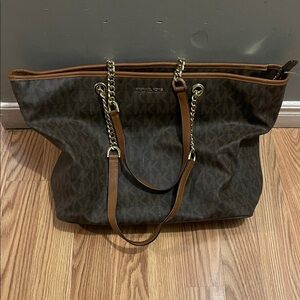 y2k vintage Michael Kors Monogram MK Dark Brown Tote with Chain Straps